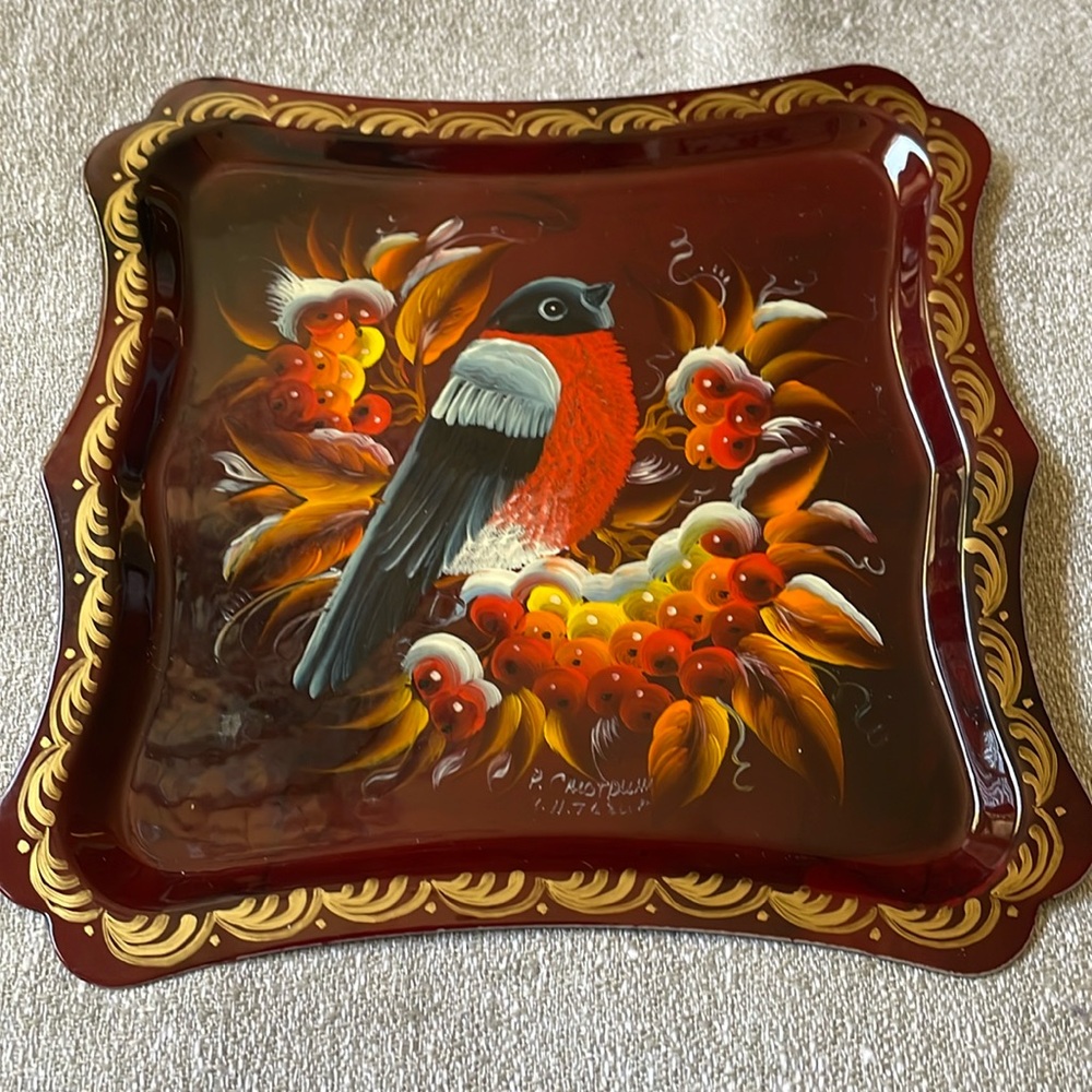 Russian hand painted artist signed Enamel on metal small tray Bird & berries